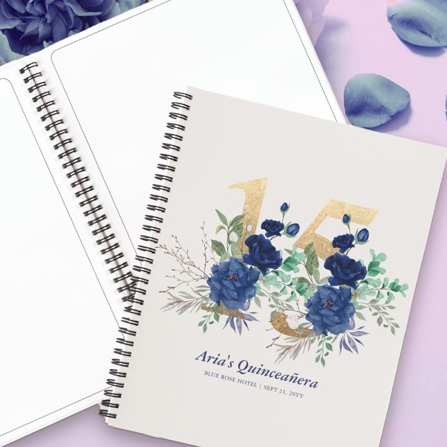 Elegant Floral Gold Number 15 Blue Guestbook Notizbuch (Elegant Floral Mis Quince Planner or Guest Book from my Royal Rose quinceanera collection)