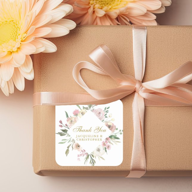 Elegant Floral Gold Script Wedding Vielen Dank Quadratischer Aufkleber (Von Creator hochgeladen)