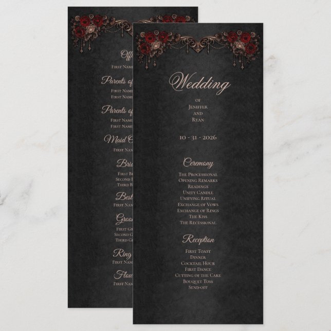 Elegant floral Gothic Halloween Wedding Program Menükarte (Vorne/Hinten)