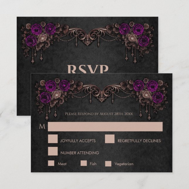 Elegant floral gothic Wedding RSVP Card Karte (Vorne/Hinten)