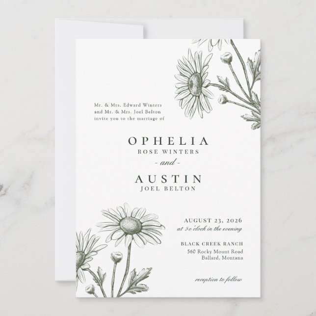 Elegant floral Green Daisy Sketch Wedding Invitati Einladung (Vorderseite)