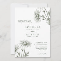 Elegant floral Green Daisy Sketch Wedding Invitati