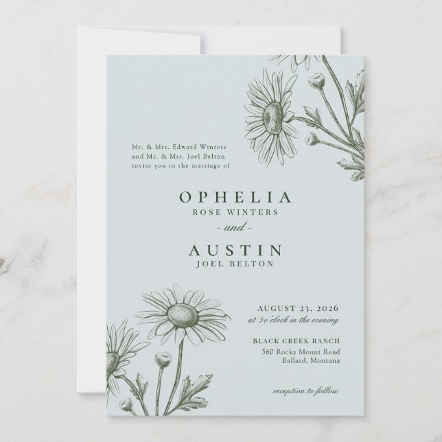 Elegant floral Green Daisy Sketch Wedding Invitati Einladung (Vorderseite)