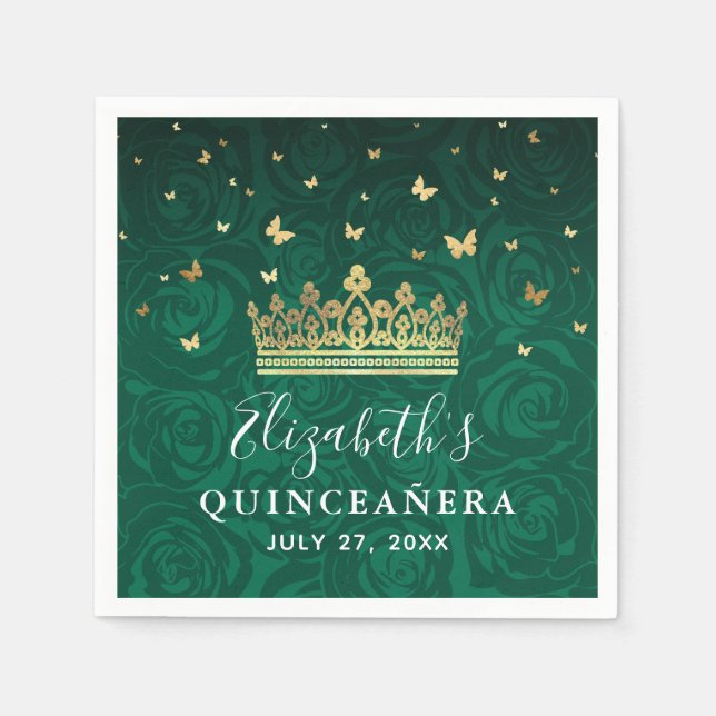 Elegant Floral Green Gold Crown Birthday Template Serviette (Vorderseite)