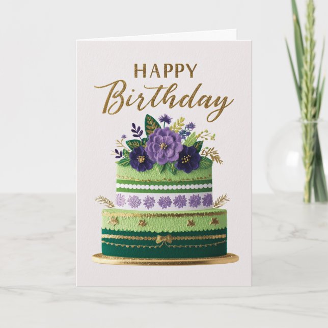 Elegant Floral Green Purple Gold Birthday Cake Karte (Vorderseite)