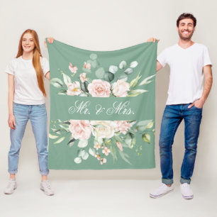 Elegant Floral Green Watercolor Mr. & Mrs. Wedding Fleecedecke