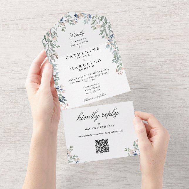 Elegant Floral Greenerity QR Code Wedding All In One Einladung (Abreißen)