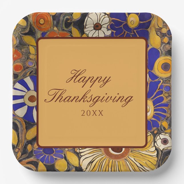 Elegant Floral Happy Thanksgiving Pappteller (Vorderseite)