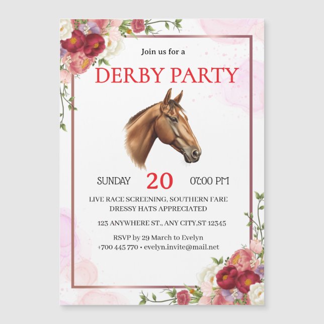 Elegant Floral Horse Derby Party Invitation  Magnetkarte (Vorderseite)