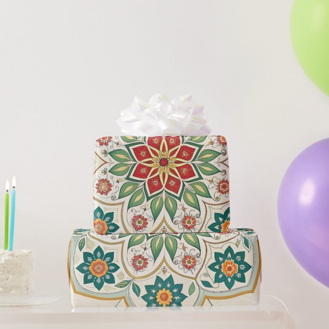Elegant Floral Islamic Green Red  Geschenkpapier (Partygeschenke)