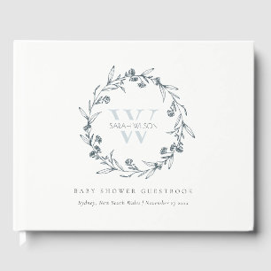 Elegant Floral Laurel Wreath Monogram Baby Shower Gästebuch