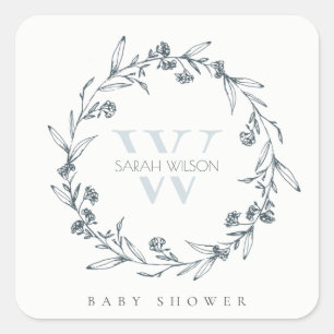 Elegant Floral Laurel Wreath Monogram Baby Shower Quadratischer Aufkleber