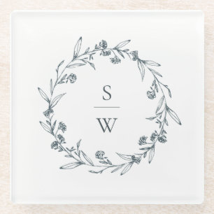 Elegant Floral Laurel Wreath Monogram Wedding Glasuntersetzer