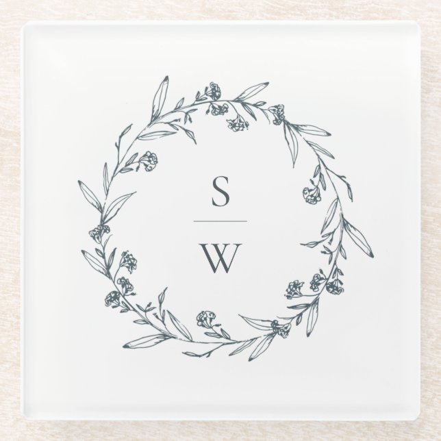 Elegant Floral Laurel Wreath Monogram Wedding Glasuntersetzer (Vorderseite)
