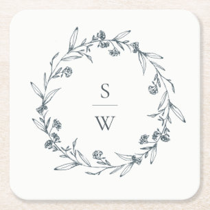 Elegant Floral Laurel Wreath Monogram Wedding Rechteckiger Pappuntersetzer