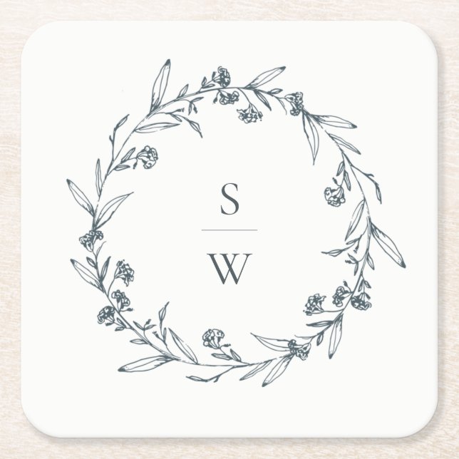 Elegant Floral Laurel Wreath Monogram Wedding Rechteckiger Pappuntersetzer (Vorderseite)