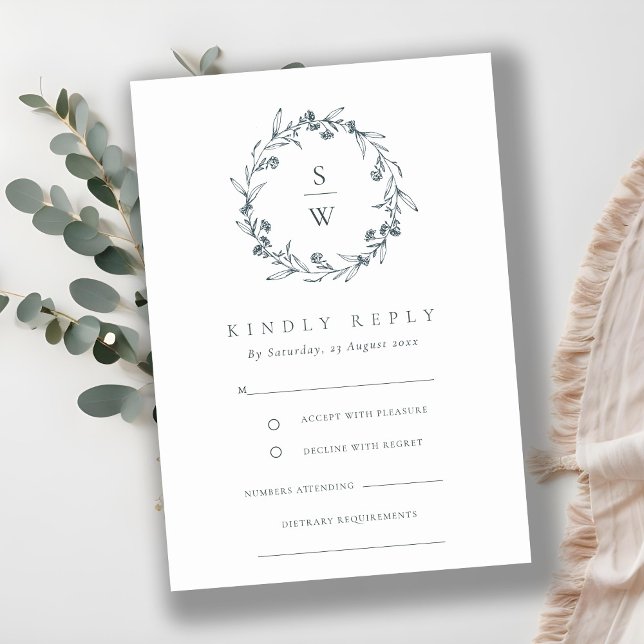 Elegant Floral Laurel Wreath Monogram Wedding RSVP Begleitkarte (Von Creator hochgeladen)