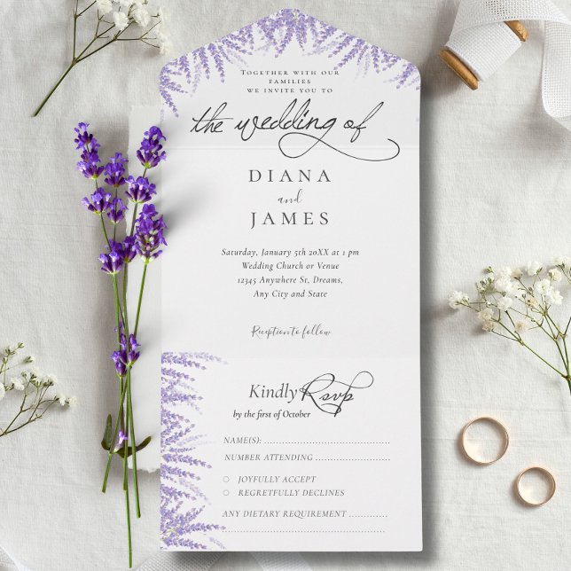 Elegant Floral Lavender Calligraphy Wedding All In One Einladung (Elegant Floral Lavender Calligraphy Wedding All In One Invitation)