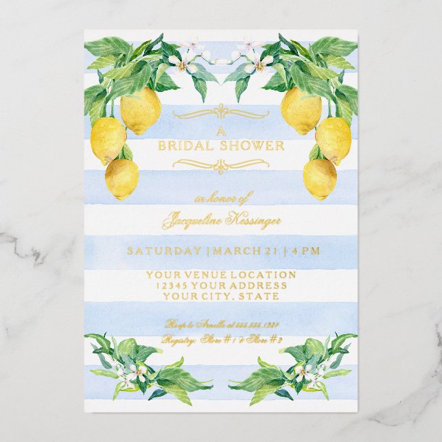 Elegant Floral Lemon Blue Gold Foil Bridal Shower Folieneinladung (Vorderseite)