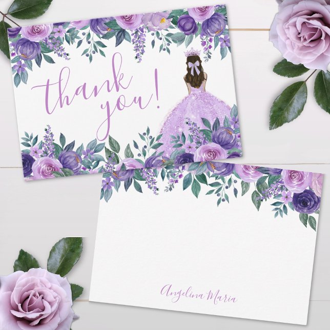 Elegant Floral Lila Quinceñera Dankeskarte (Elegant Floral Purple Quinceañera Thank You Card)