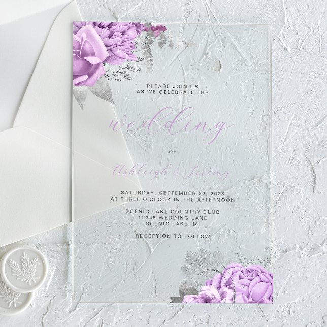 Elegant Floral Lilac Silver Script Wedding Acryleinladungen (Von Creator hochgeladen)