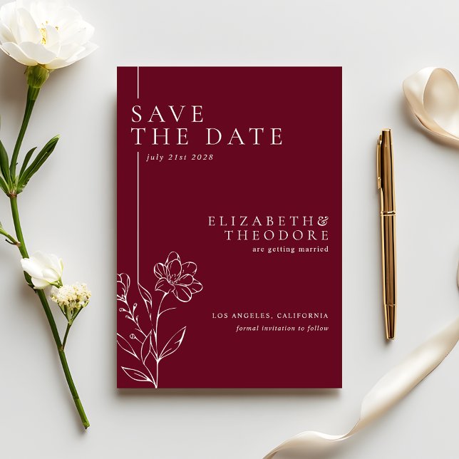 Elegant Floral Line Art Burgundy Wedding Save The Date (Von Creator hochgeladen)