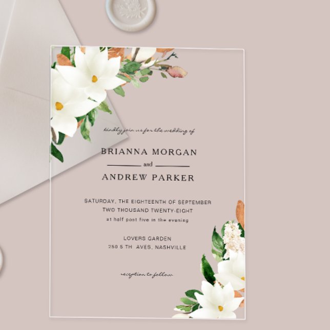 Elegant  Floral Magnolia Acryleinladungen (Elegant Floral Magnolia Acrylic Invitations)