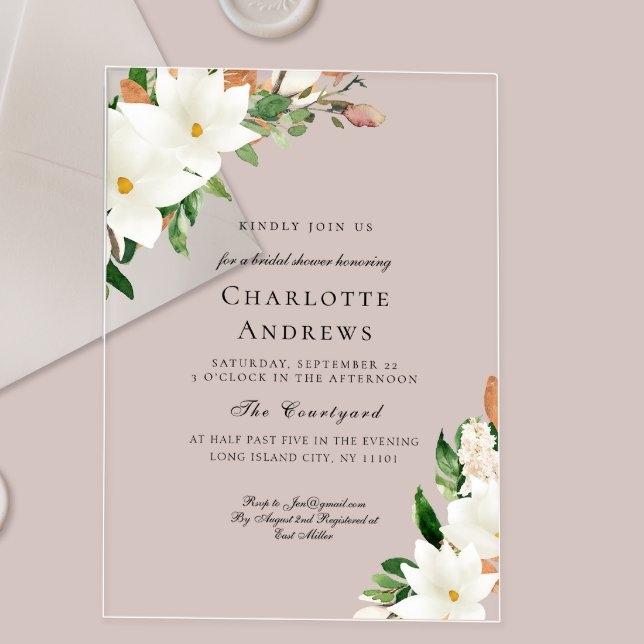 Elegant Floral Magnolia Bridal Shower  Acryleinladungen (Elegant Floral Magnolia Bridal Shower Acrylic Invitations)