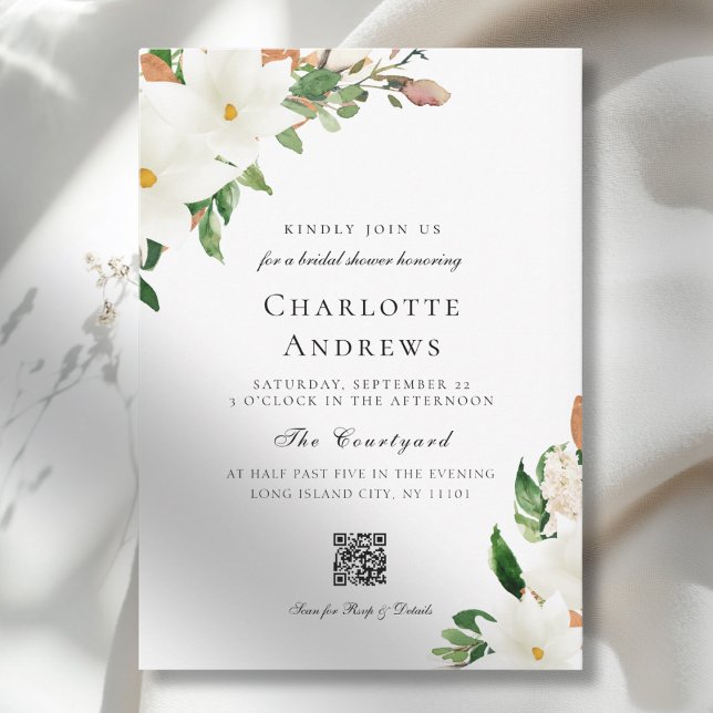 Elegant  Floral Magnolia QR Code Bridal Shower Einladung (Elegant Floral Magnolia QR Code Bridal Shower Invitation)
