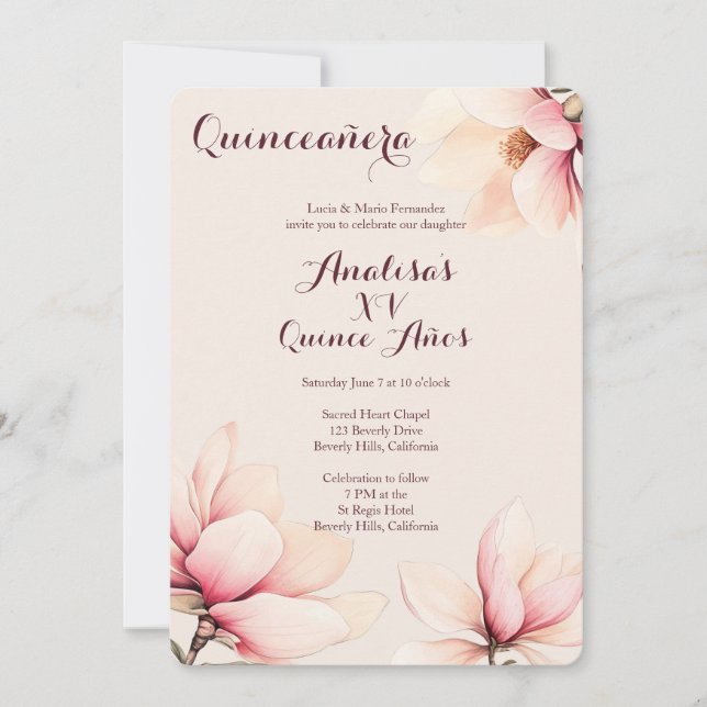 Elegant Floral Magnolia Quinceañera CUSTOM Einladung (Vorderseite)