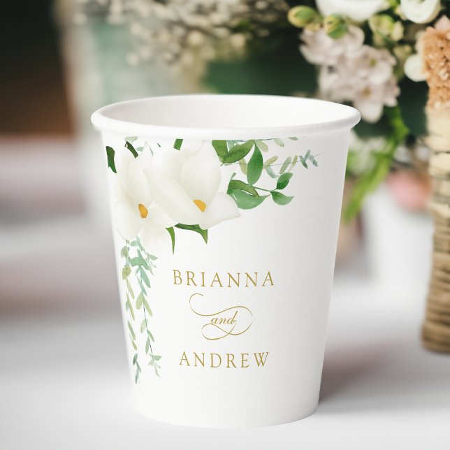 Elegant Floral Magnolia Wedding  Pappbecher (Elegant Floral Magnolia Wedding Paper Cups)