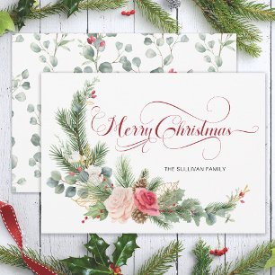 Elegant Floral Merry Christmas Calligraphy Feiertagskarte