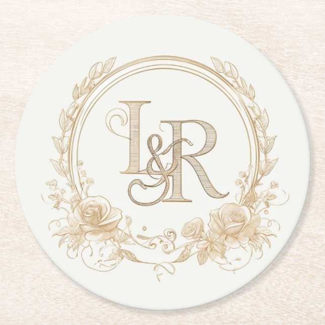 Elegant Floral Monogram “L & R” Paper Coasters  Runder Pappuntersetzer (Vorderseite)