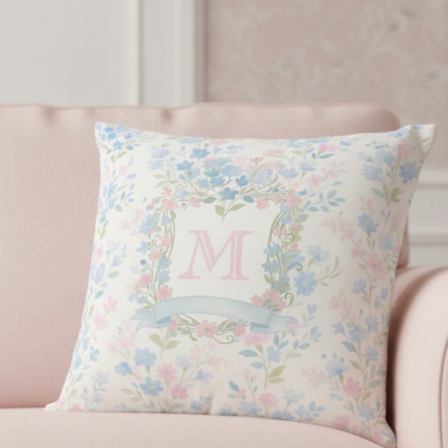 Elegant Floral Monogram Throw Pillow Kissen (elegant grandmillennial floral throw pillow with pastel pink and blue flowers custom family crest)