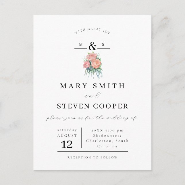 Elegant Floral Monogram Wedding Einladung Postkarte (Vorderseite)