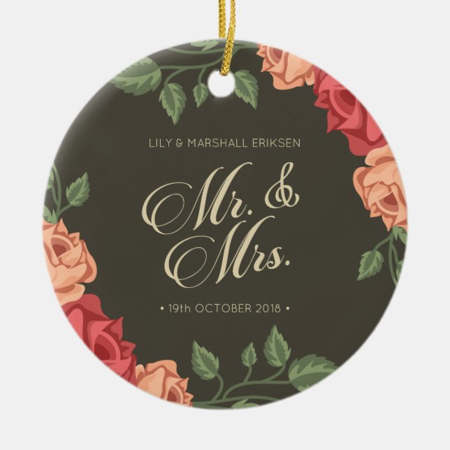 Elegant Floral Mr. & Mrs. Wedding | Keramik Ornament (Vorne)