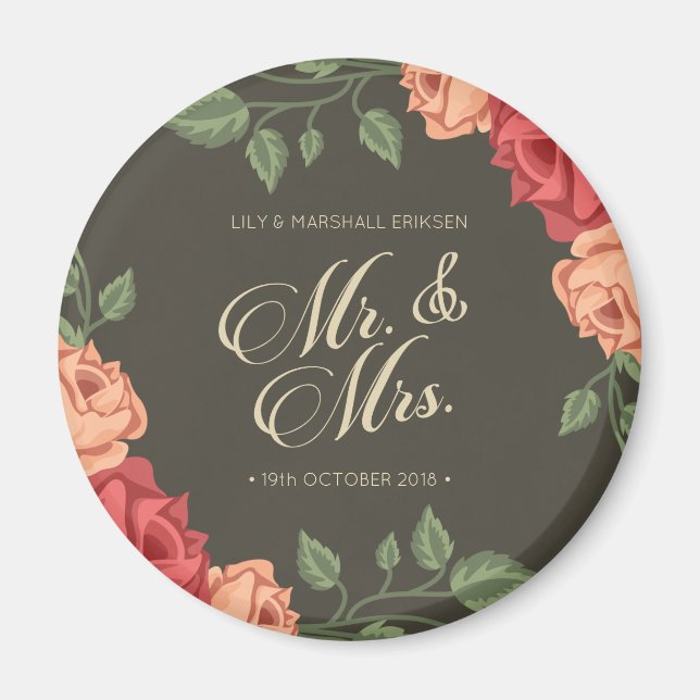 Elegant Floral Mr & Mrs Wedding | KÜHLSCHRANKMAGNE Magnet (Vorne)