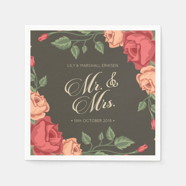 Elegant Floral Mr & Mrs Wedding | Paper Napkin Serviette (Vorderseite)