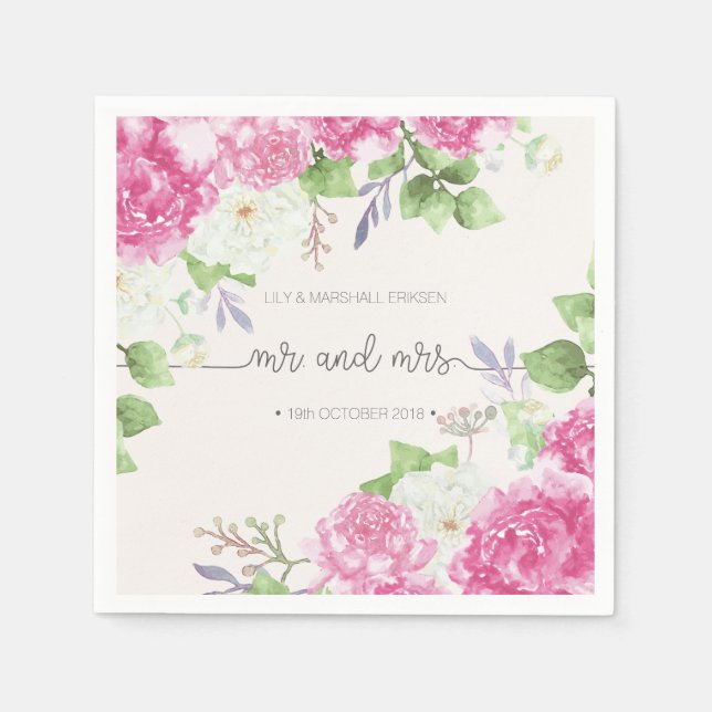 Elegant Floral Mr & Mrs Wedding | Paper Napkin Serviette (Vorderseite)