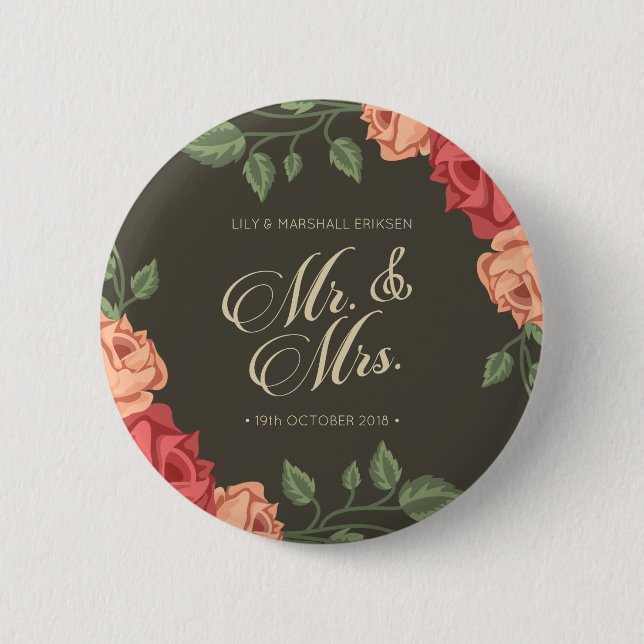 Elegant Floral Mr. & Mrs. Wedding | Schaltfläche B Button (Vorderseite)