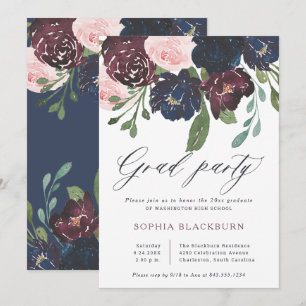 Elegant Floral Navy Blue and Plum Grad Party Einladung
