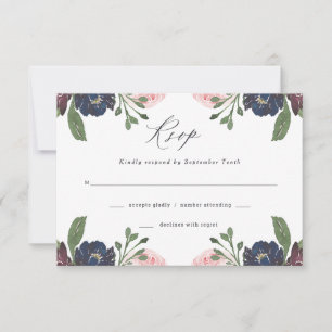 Elegant Floral Navy Blue and Plum   Hochzeit RSVP Karte