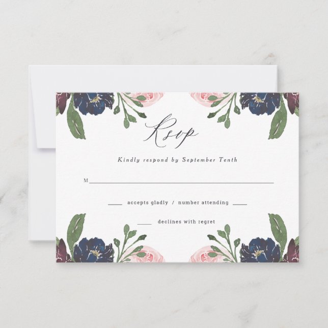 Elegant Floral Navy Blue and Plum | Hochzeit RSVP Karte (Vorderseite)