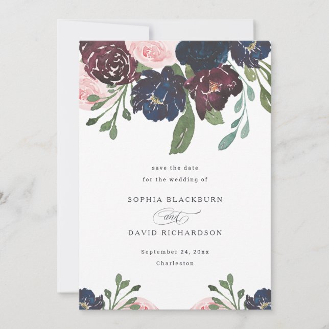 Elegant Floral Navy Blue and Plum | Hochzeit Save The Date (Vorderseite)