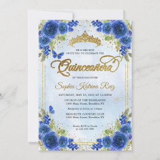 Elegant Floral Navy Blue Gold Tiara Quinceañera Einladung