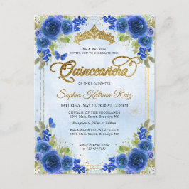 Elegant Floral Navy Blue Gold Tiara Quinceañera Postkarte