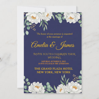 Elegant Floral Navy Blue Wedding Invitation Einladung