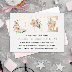 Elegant Floral ONE 1. Geburtstag Real Folieneinladung