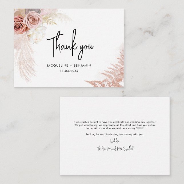 Elegant Floral Pampas Grass Wedding Thank You Card Mitteilungskarte (Vorne/Hinten)