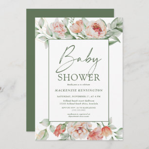 Elegant Floral Peony Greenerity Script Baby Shower Einladung